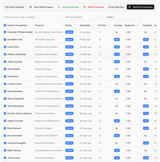 Bulk actions interface